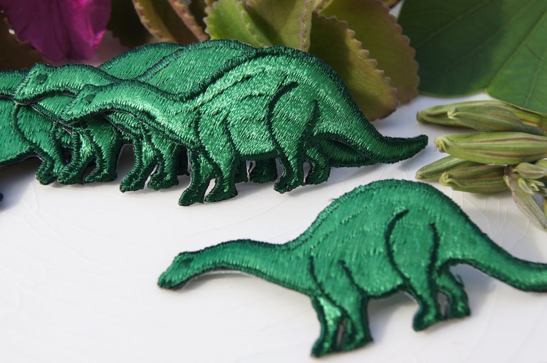 Vintage Iron On Dinosaur Applique, Green Dinosaur Embroidery Applique, Vintage Embroidered Iron On Applique Animals 5078 image 2