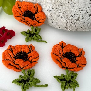 Exquisite Orange 1960s Vintage Cotton Poppies Flower Applique, Cotton Applique Floral Embroidered Patch F3