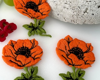 Exquisite Orange 1960s Vintage Cotton Poppies Flower Applique, Cotton Applique Floral Embroidered Patch F3