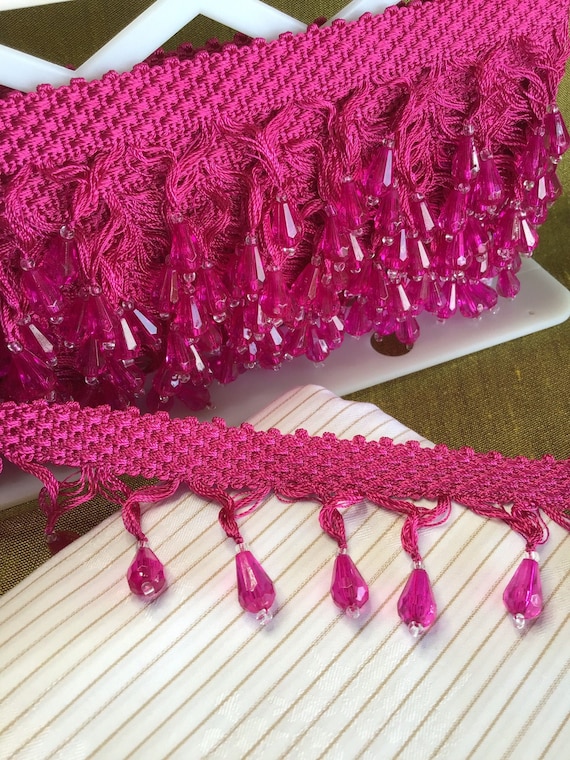 TEARDROP BEADS FRINGE Fuchsia Rose Faceted Beaded Trim 2" wide Fringe Decorative Trim by the bolt on Sale