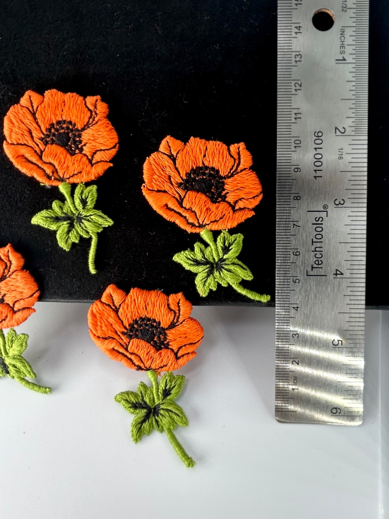 Exquisite Orange 1960s Vintage Cotton Poppies Flower Applique, Cotton Applique Floral Embroidered Patch F3 image 2