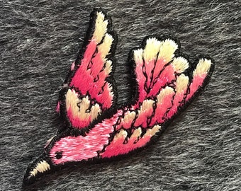 Vintage Iron On Bird Applique, Pink Bird Embroidery Applique, Vintage Embroidered Iron On Applique Animals #5040