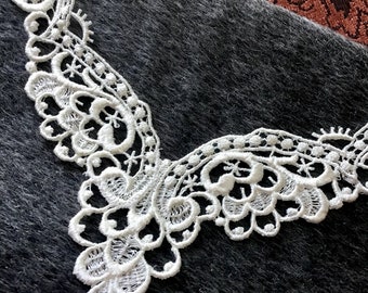 BORDADO VENISE Vintage Escote COLLAR Apliques Cuello blanco roto Apliques de encaje Bordado Venise Collar de encaje Par #5046