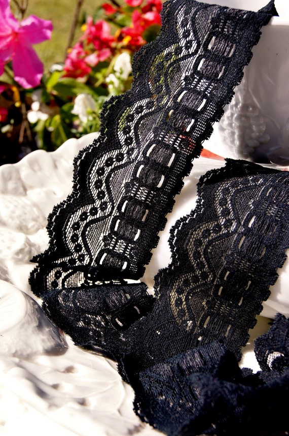 2 1/4" Vintage Stretch Lace Trim - Black Scalloped Lace Trim by the Yard - Vintage Sewing Lace Trims Wholesale #140