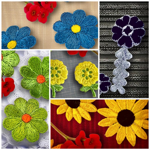 Sets of 70s VINTAGE FLOWER Iron-on Applique Black Silver Metallic Yellow Daisy Green Blue Flower Patches Decorative DIY Sewing Craft
