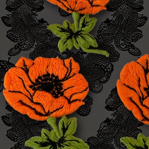 Exquisite Orange 1960s Vintage Cotton Poppies Flower Applique, Cotton Applique Floral Embroidered Patch F3 image 4