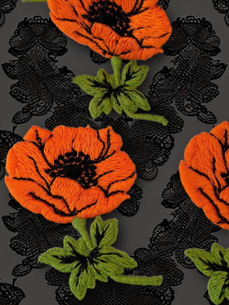 Exquisite Orange 1960s Vintage Cotton Poppies Flower Applique, Cotton Applique Floral Embroidered Patch F3 image 4
