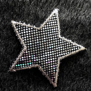 Opstrijkbare grote ster patch iriserende confetti stip zilver metallic borduurwerk zwarte ster appliqué, roze ster appliqué opstrijkbare patches vintage