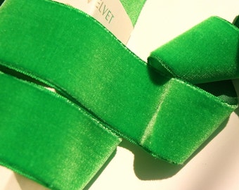 French Velvet Ribbon Grass Green 1.5" Wide Vintage Velvet Ribbon by the yard, Vintage Velvet Dress Ribbon Trim Wholesale #48 Made in France