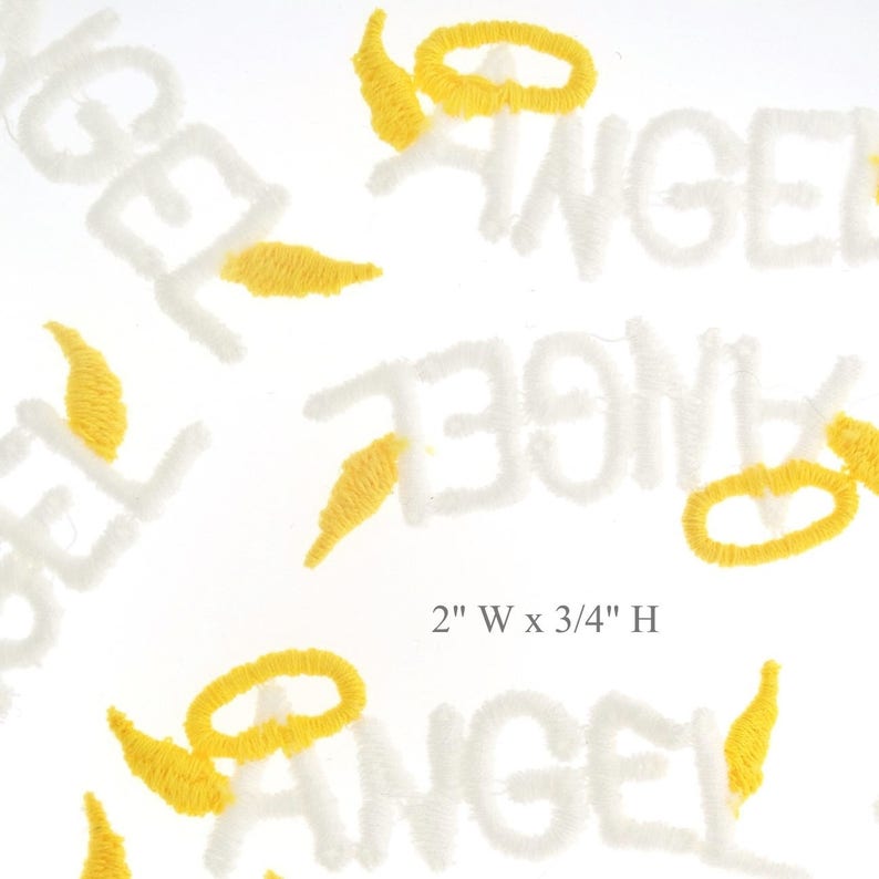 May include: White embroidered angel patches with yellow halo details. Each patch measures 2 inches wide by 3/4 inch high.