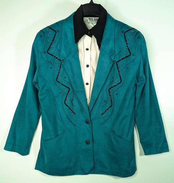 Vintage 80s Green Ultra Suede Blazer and Blouse S… - image 1