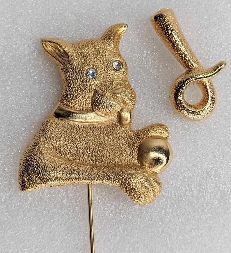 Dog Brooch Gold One Playful Signed Tona Vintage Pin Tail Ball Etsy