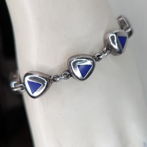 Taxco Bracelet Lapis Blue Sterling Silver Triangles Rare Mexico Silversmith Handmade Links Stone Inlay Unpolished