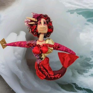 Mermaid Seawitch Fabric Art Nautical 17 Inches Red Wall Hanging Decor