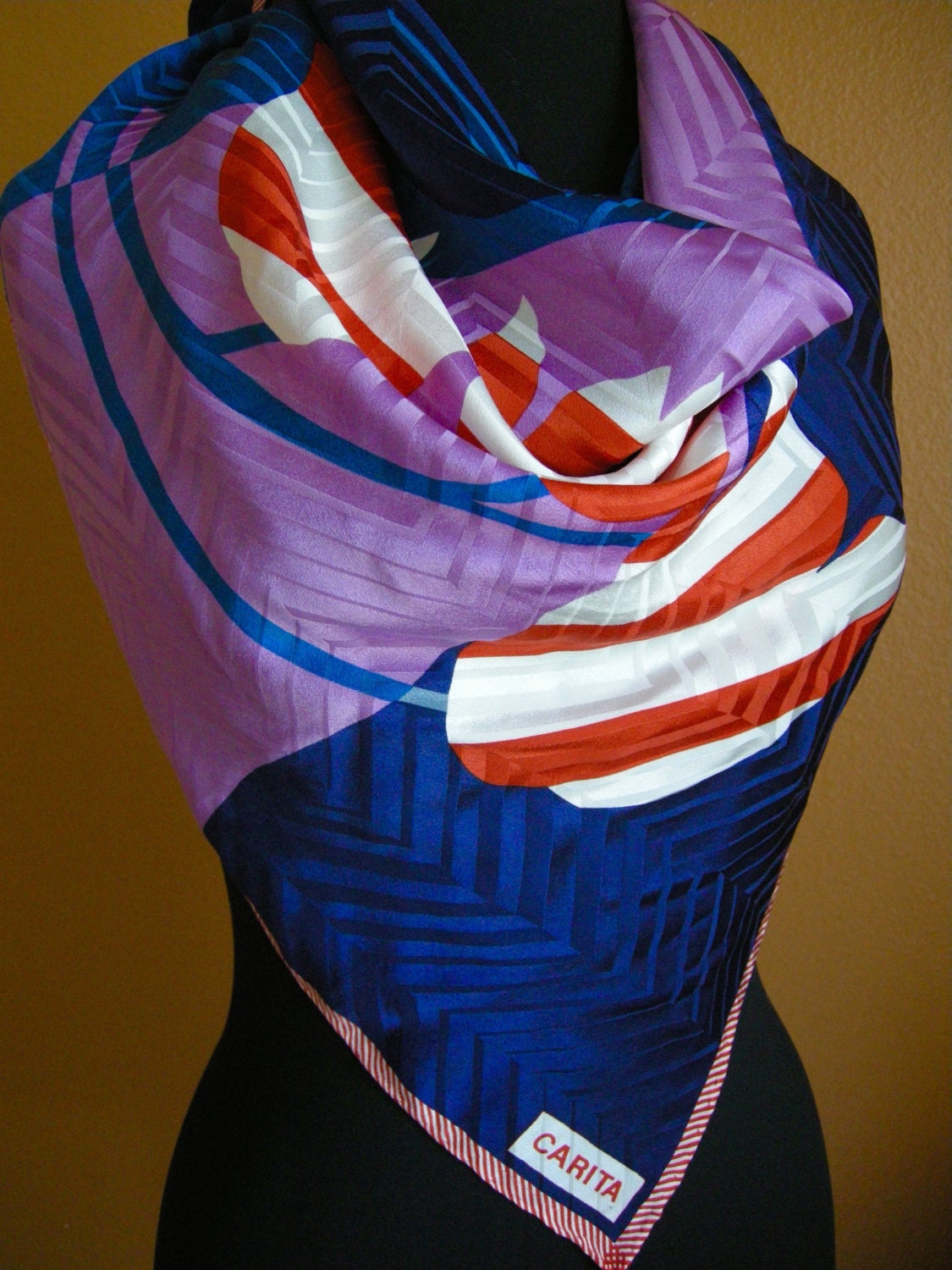 Foulard En Soie Authentique Carita Vintage - Motif Géométrique Multicolore, Occasion