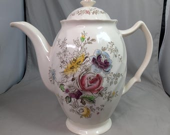 Vintage Tea Pot Floral Johnson Brothers Sheraton Tall Coffee Lidded Made In England Ironstone