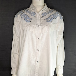 Eighties Western Fringe Blouse M White with Blue and Silver Details