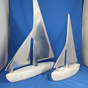 Sailboats Statues Aluminum and Wood 2 Boats Nautical Distressed Weathered Tabletop 15 Inches Tall