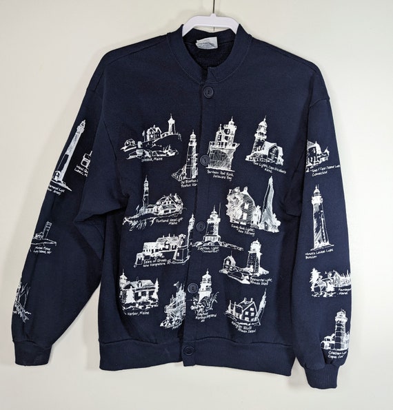 Vintage Eastern Lighthouses Sweatshirt Blue Cardi… - image 1