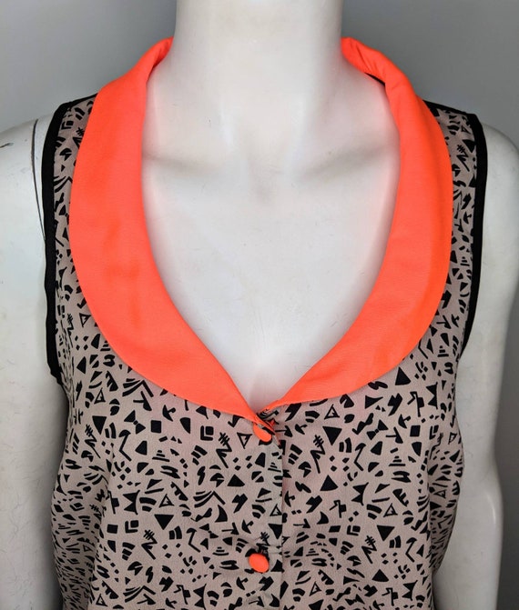 Vtg 90's Blouse Sleeveless Neon Orange Color Abst… - image 2