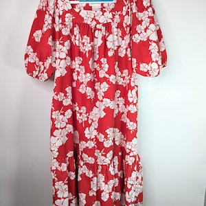 VTG XL Hawaiiaanse jurk Muumuu rood wit hibiscus kaftan midi SS Hawaiian Casuals