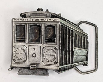 San Francisco Belt Buckle Cable Car Trolly Vintage Pewter 1979 # C93 Indiana Metal Pacific Brass and Buckle
