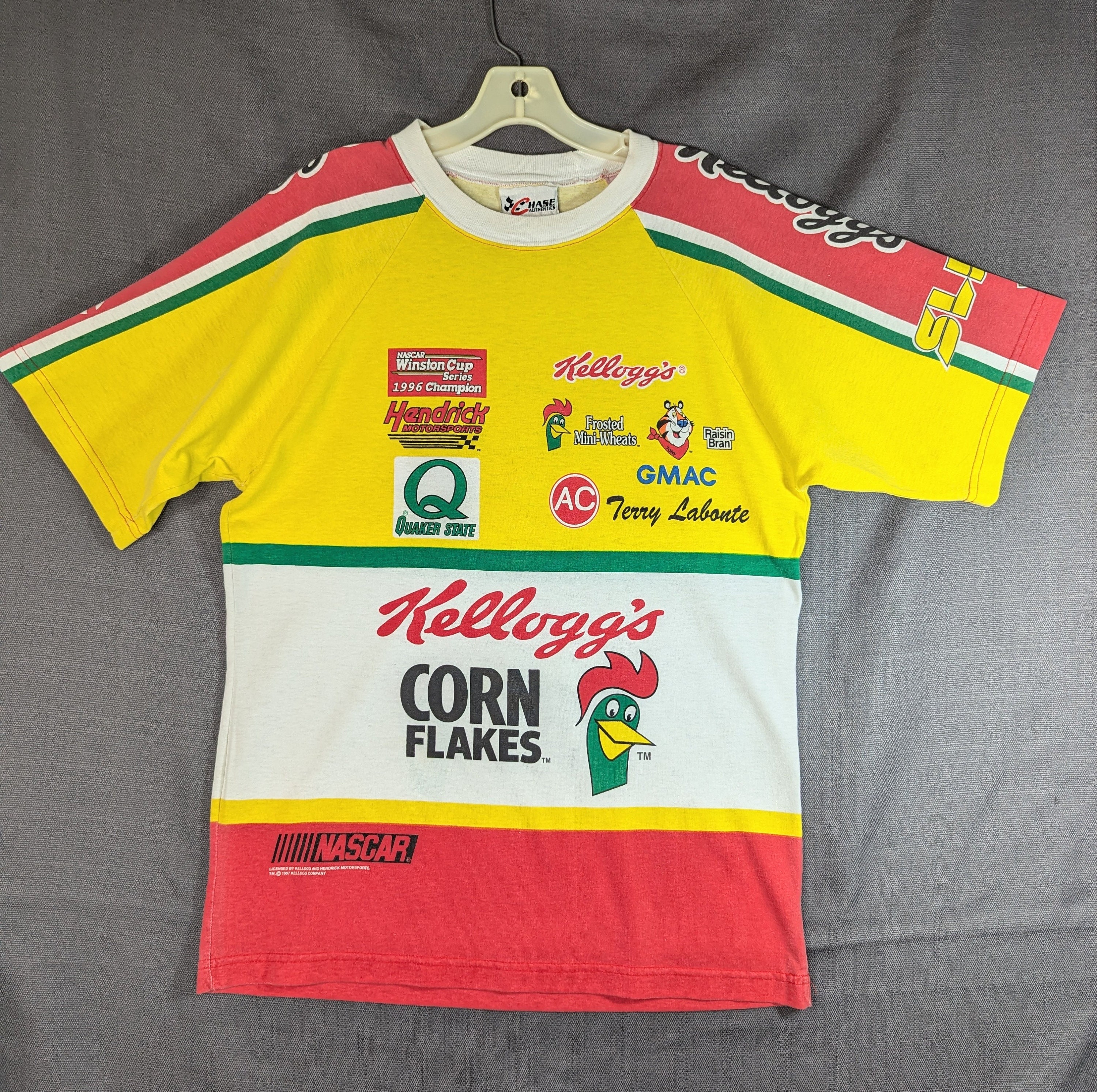Vintage 1996 NASCAR L Kellogg's Corn Flakes All Over Print Racing
