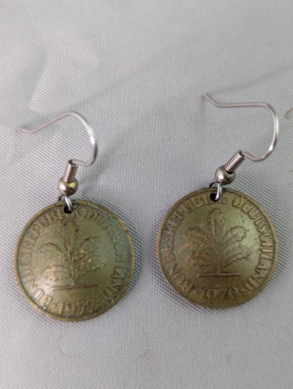 Germany Federal Republic Coin Earrings 1970  Pfennig 5 Dangle Souvenir Brass