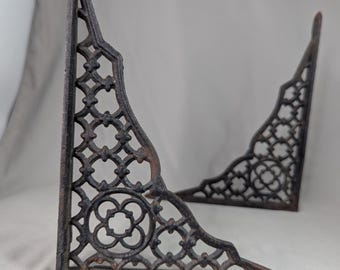 Vintage Cast Iron Shelf Brackets Pair Lattice Corbels Ornate Retro Gothic Revival Decorative Distressed