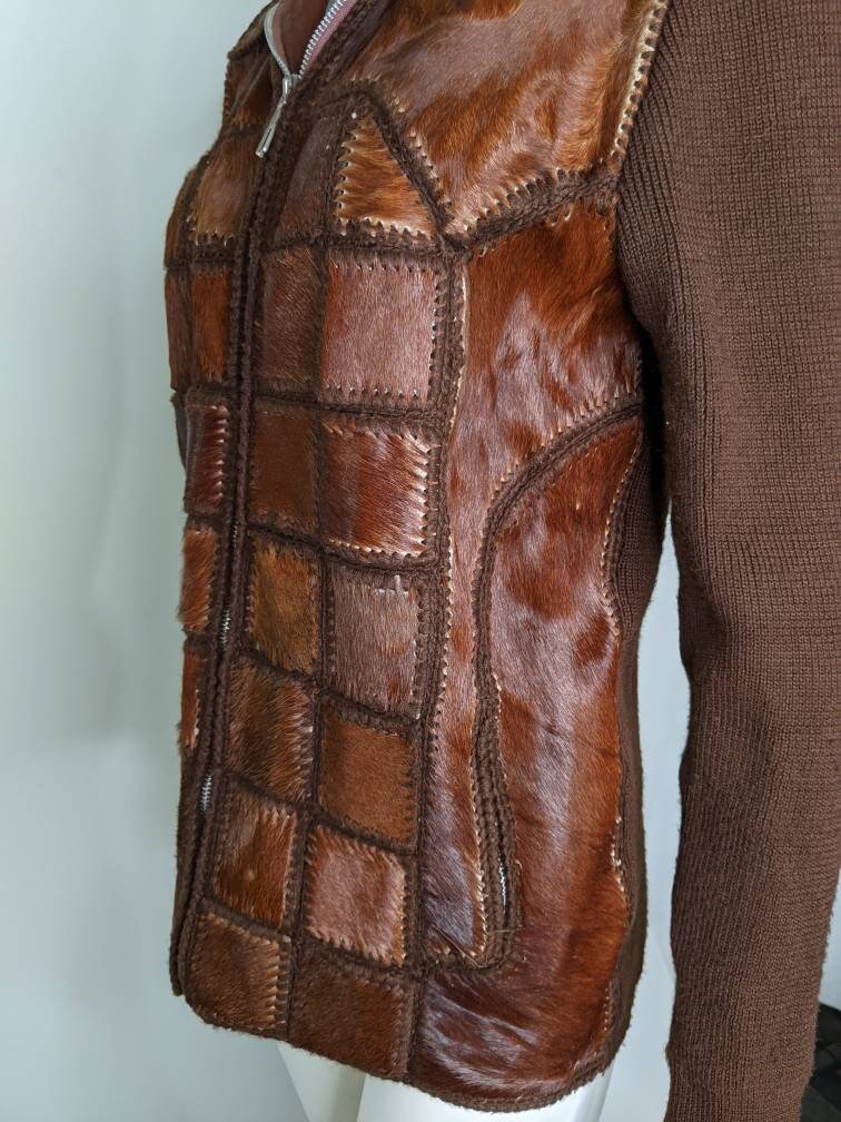 Vintage 70s Italian Leather Patchwork Jacket Sweater Womens