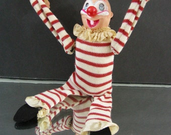 Vintage Tumbling Key Wind Up Clown 1950's Made in Japan Red White Stripes
