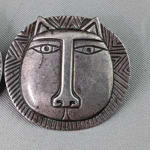 Vintage Earrings Cat Face Silver Tone Tribal Folk Art