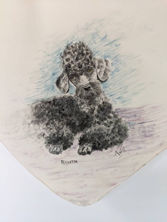 Vintage 50s Silk Scarf Hand Painted Gray Poodle Mi