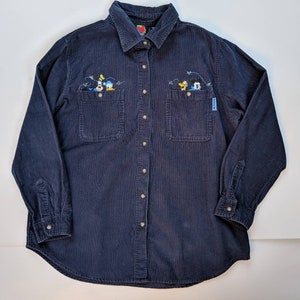 Vintage 90s Disney Shirt Mickey Mouse Goofy Pluto Donald Duck Blue Button Down Long Sleeve 14-16 Women