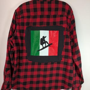 Flannel Shirt Surfing Mexico Unisex Size L Handmade Red Black Plaid Imperfect