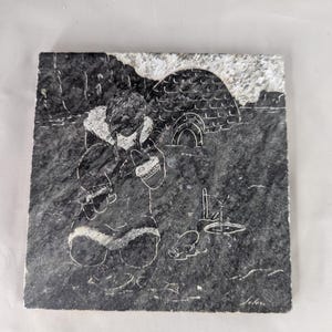 Eskimo Women Soapstone Carved Tile 6in Inuit People Ice Fishing Igloo Gray Black Signed Siku