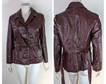 Vintage 70's Leather Womens Jacket Belted Burgundy Pockets Quilted Short Trench