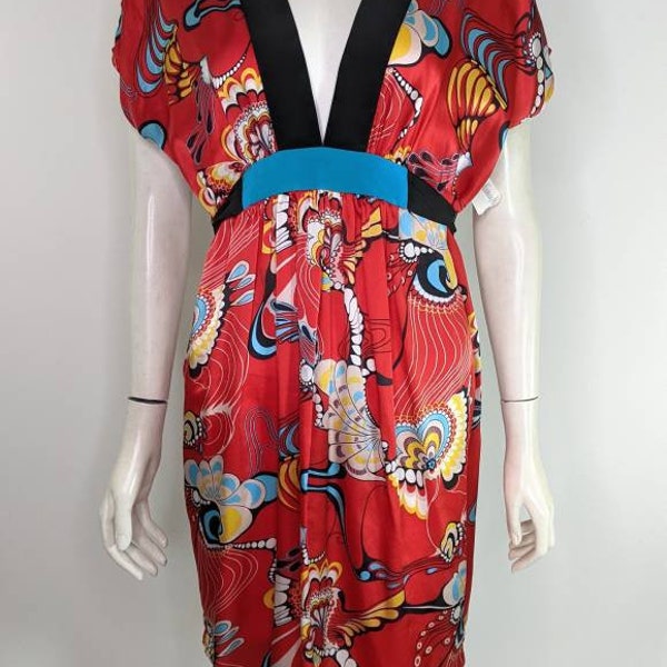 Vintage 90s Red Silk Boho Dress S Empire Waist Tie V-Neck ABS Allen Schwartz Collection Neiman Marcus