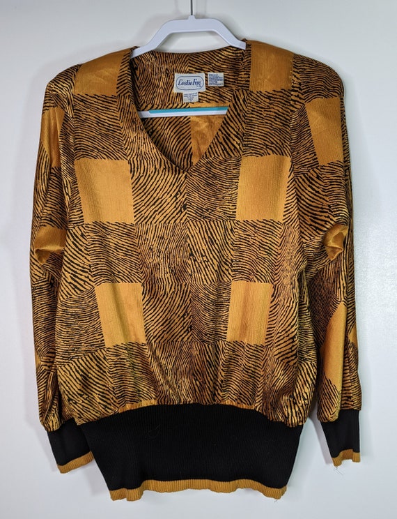 Vintage Gold Black Womens Top 80s Leslie Fay