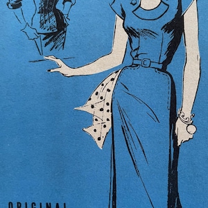 May include: A vintage illustration of a woman wearing a blue dress with a white polka dot scarf. The dress has a fitted bodice and a full skirt. The woman is wearing a pearl necklace and a bracelet. The illustration is on a blue background with the text "ORIGINAL by Et"