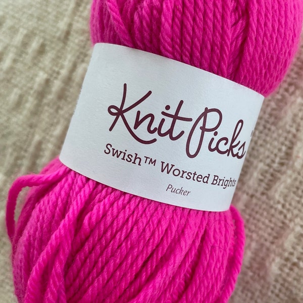 Knit Picks SWISH Worsted Brights Wool YARN~Hot Pink Pucker~1 sk=50g~superwash