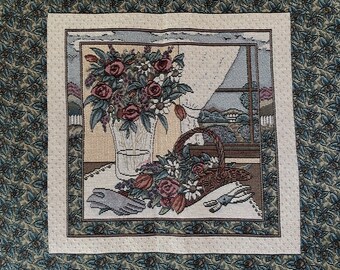 FOUR Woven Tapestry Pillow Panels FABRIC~17x22~garden flowers basket scene~SEE!
