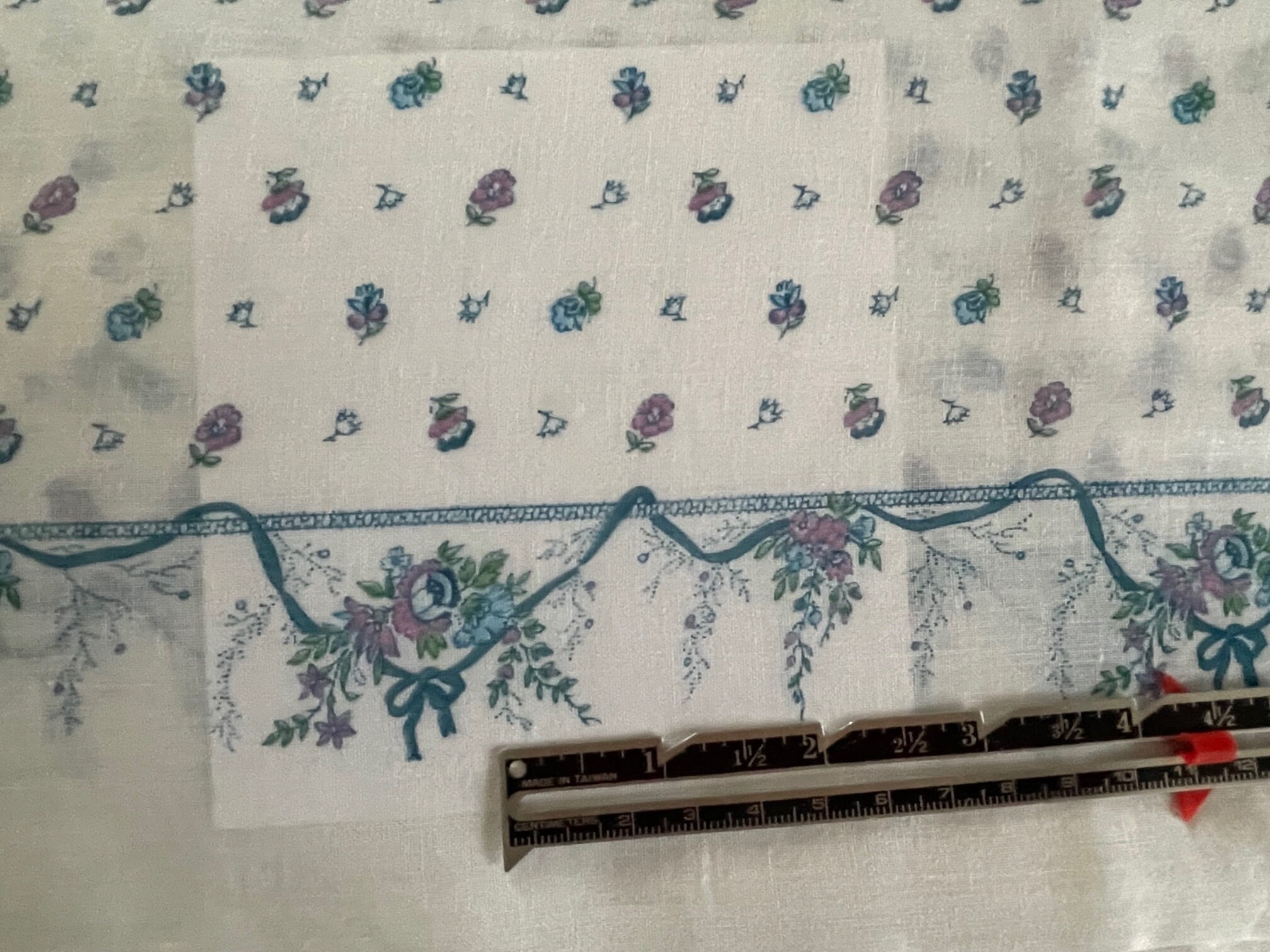Cotton VOILE Fabric~Floral Ribbon Border Print~Lav+Blue+Grn:White~3.3yX44~Dolls