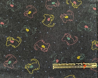 Cotton DENIM Fabric~Teal Yellow Pink CATS+dots+flowers on Navy Blue~34&quot;x59&quot;~See!