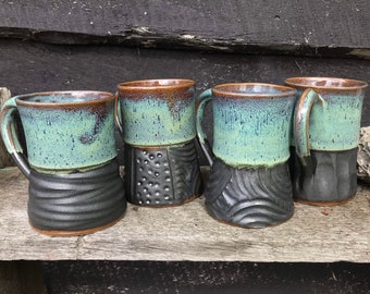 Handmade coffee mug, pottery mug with hand carved designs in turquoise