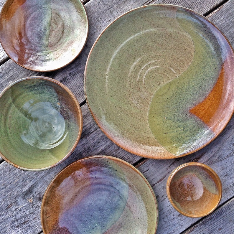 Pottery Plates and bowls set, Sage green and brown five piece place settings, handmade pottery dinnerware, rustic dishes image 3