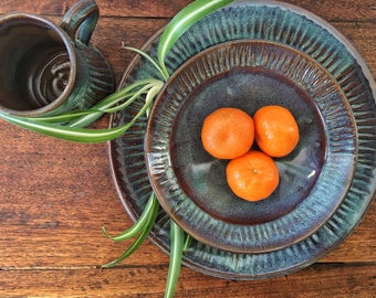 Pottery plate, mug and bowl set, handmade place setting, turquoise dinnerware