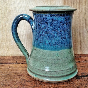 Handmade Pottery Mug, Sage Green and Blue Mug with Lid, hebal tea steeping mug image 2