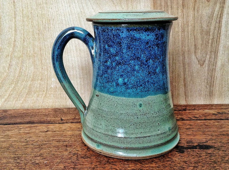 Handmade Pottery Mug, Sage Green and Blue Mug with Lid, hebal tea steeping mug image 2