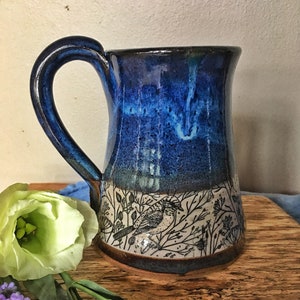 Handmade Pottery mug with birds, blue mug with dill flowers and sparrows, with lid or without lid